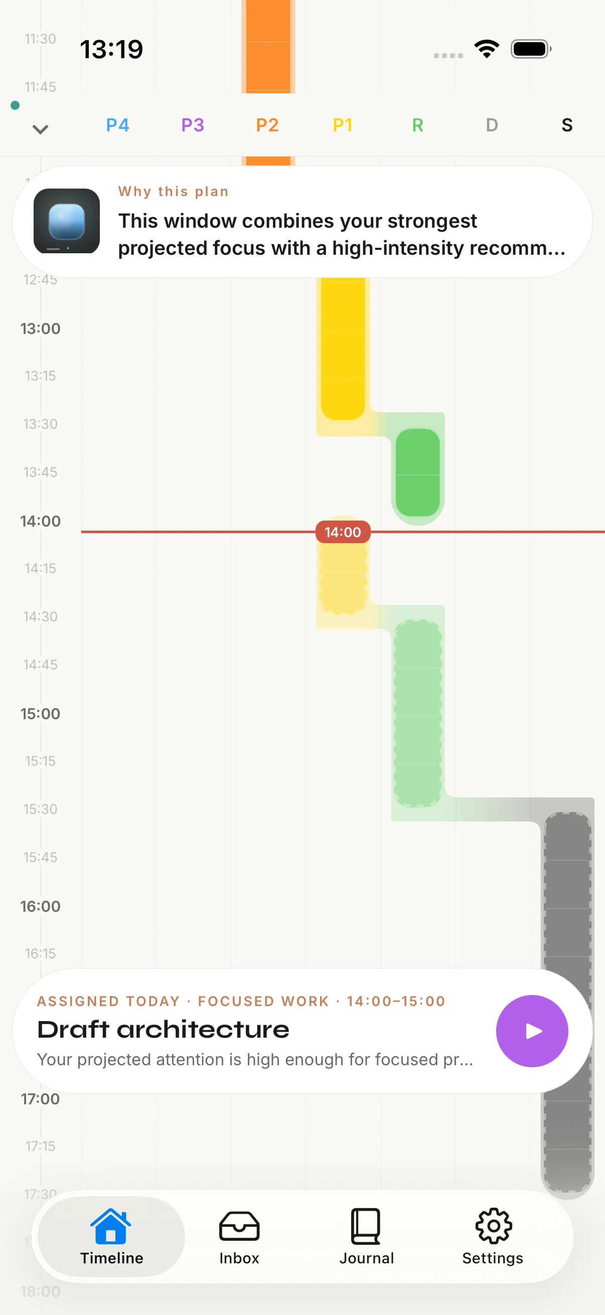 iOS timeline showing a continuous colored path through work and recovery, with a next-activity card