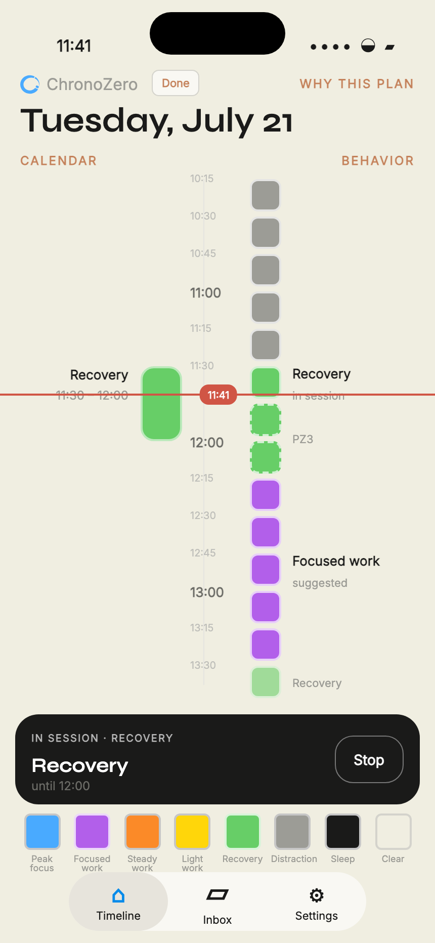 ChronoZero mobile timeline showing calendar, behavior, and suggested tracks side by side