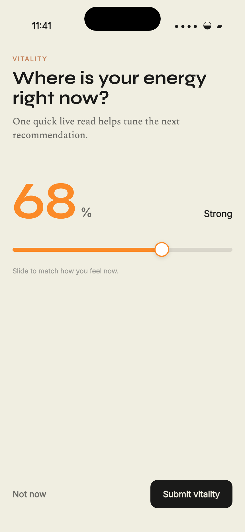 ChronoZero vitality screen showing the current estimate of energy and fatigue